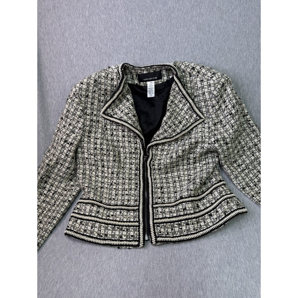 Jones New York Tweed Jacket Womens Size 10 Black White Zip Front Career Blazer